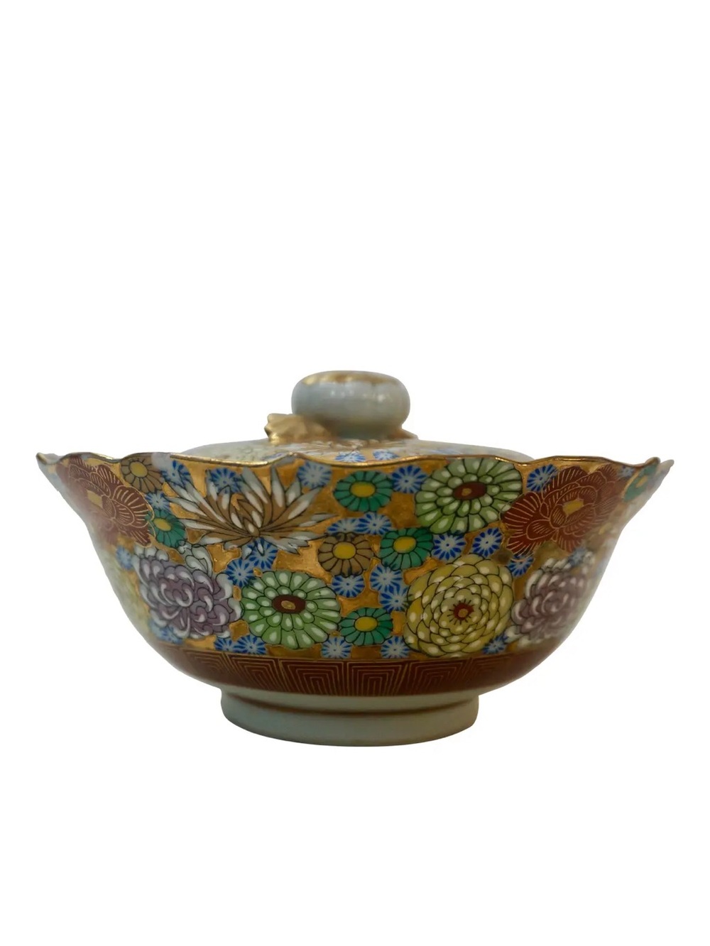 Vintage Japanese Kutani Hand-Painted Chawan Bowl With Lid - "Thousand Flowers"